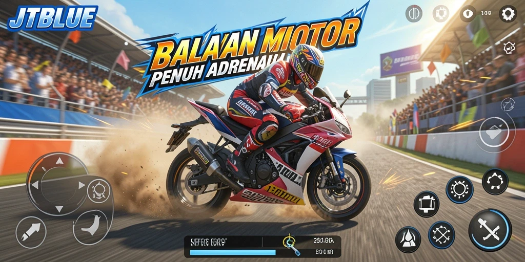 Screenshot JTBLUE menunjukkan aksi balapan motor yang mendebarkan.